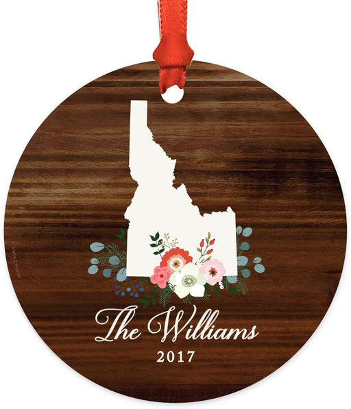 Personalized Metal Christmas Ornament, Rustic Wood with Florals, Idaho, Custom Name-Set of 1-Andaz Press-