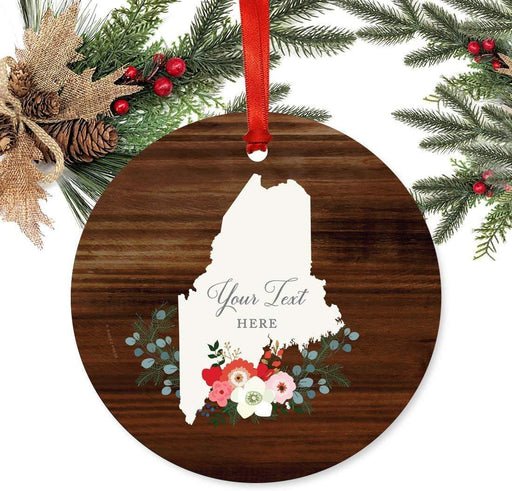 Personalized Metal Christmas Ornament, Rustic Wood with Florals, Maine, Custom Name-Set of 1-Andaz Press-