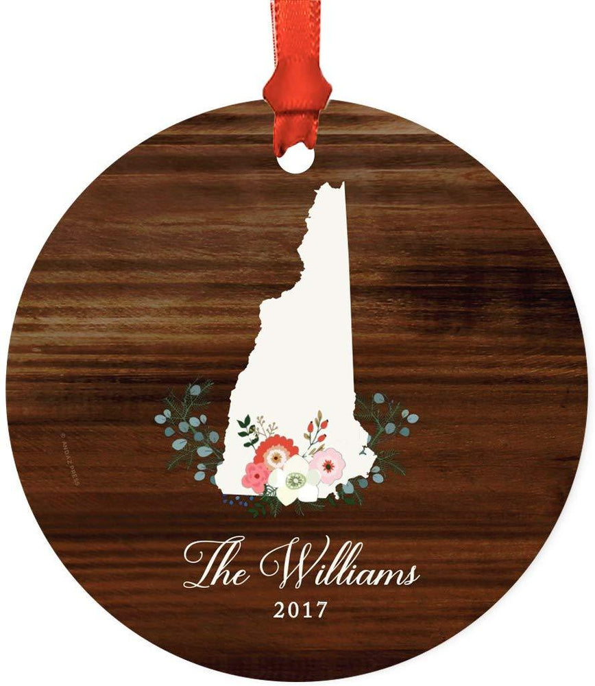 Personalized Metal Christmas Ornament, Rustic Wood with Florals, New Hampshire, Custom Name-Set of 1-Andaz Press-