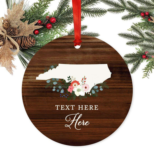 Personalized Metal Christmas Ornament, Rustic Wood with Florals, North Carolina, Custom Name-Set of 1-Andaz Press-
