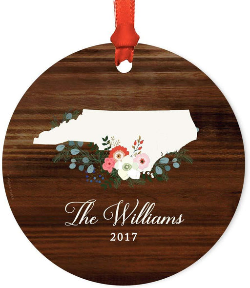 Personalized Metal Christmas Ornament, Rustic Wood with Florals, North Carolina, Custom Name-Set of 1-Andaz Press-
