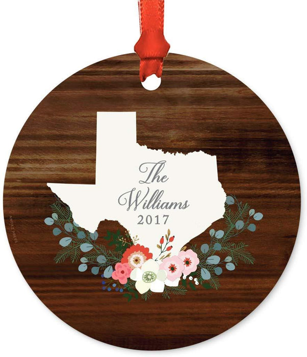Personalized Metal Christmas Ornament, Rustic Wood with Florals, Texas, Custom Name-Set of 1-Andaz Press-