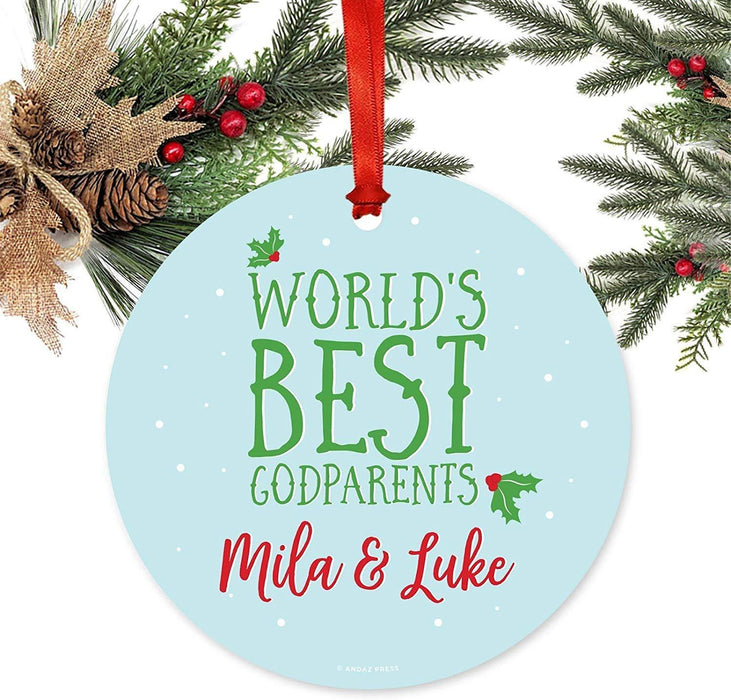 Personalized Metal Christmas Ornament, World's Best Godparents, Red Green Holiday Mistletoe, Custom Name-Set of 1-Andaz Press-