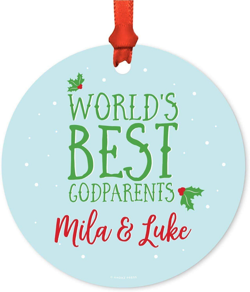 Personalized Metal Christmas Ornament, World's Best Godparents, Red Green Holiday Mistletoe, Custom Name-Set of 1-Andaz Press-