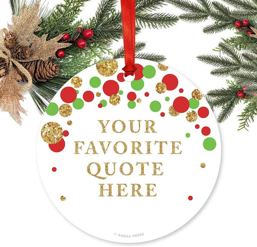 Personalized Metal Christmas Ornament, Your Text Here, Red, Green, Gold Glittering Confetti Design-Set of 1-Andaz Press-