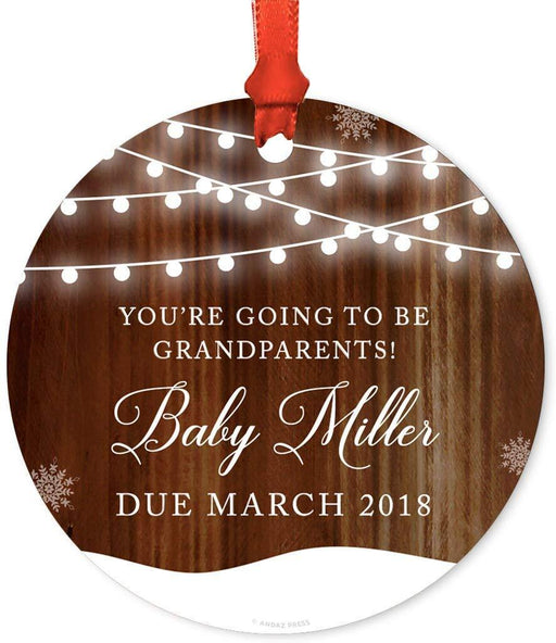Personalized Metal Christmas Ornament, You're Going to be Grandparents!, Custom Name & Date, Rustic Wood Snow Shining Ball Lights-Set of 1-Andaz Press-
