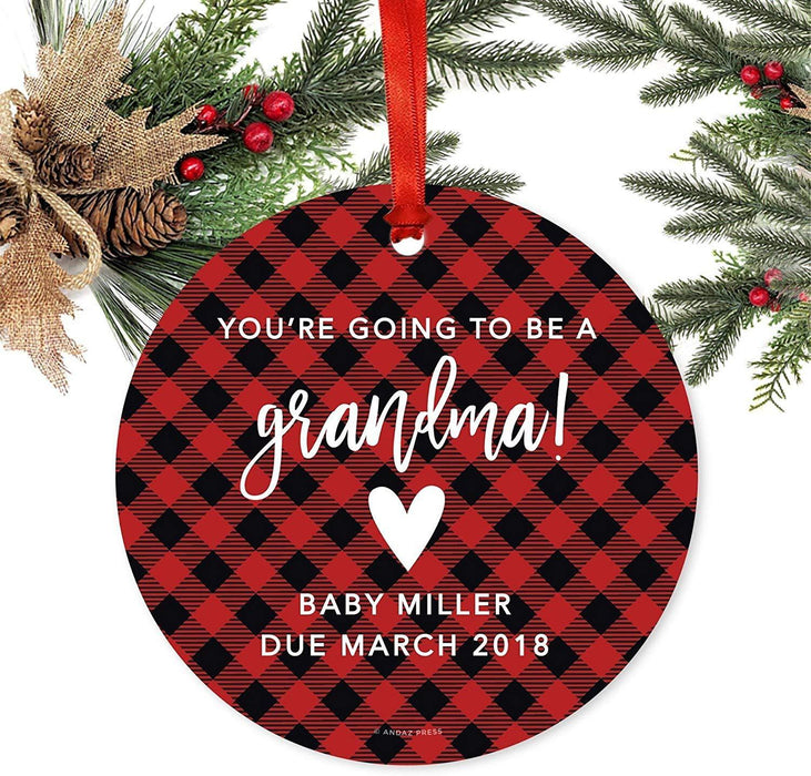 Personalized Metal Christmas Ornament, You're Going to be a Grandma! Custom Name, Custom Year, Country Buffalo Red Plaid-Set of 1-Andaz Press-