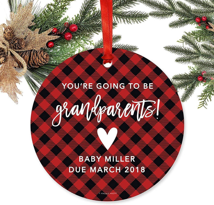 Personalized Metal Christmas Ornament, You're Going to be a Grandparents! Baby Custom Name, Custom Year, Country Buffalo Red Plaid-Set of 1-Andaz Press-
