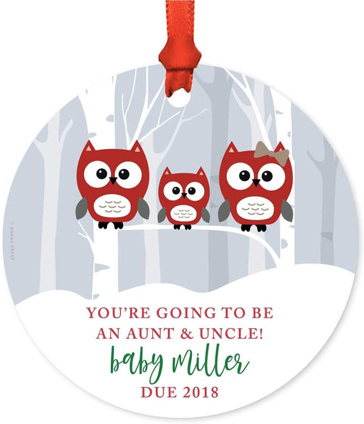 Personalized Metal Christmas Ornament, You're Going to be an Aunt and Uncle! Custom Name, Custom Month, Custom Year, Red Owls-Set of 1-Andaz Press-