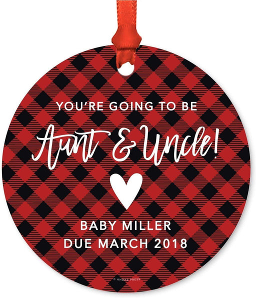 Personalized Metal Christmas Ornament, You're Going to be an Aunt and Uncle! Custom Name, Custom Year, Country Buffalo Red Plaid-Set of 1-Andaz Press-