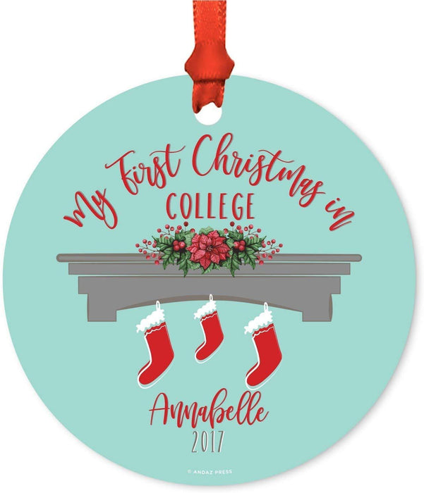 Personalized Metal Ornament, My First Christmas in College, Custom Year, Custom Name, Xmas Stockings on Fireplace-Set of 1-Andaz Press-