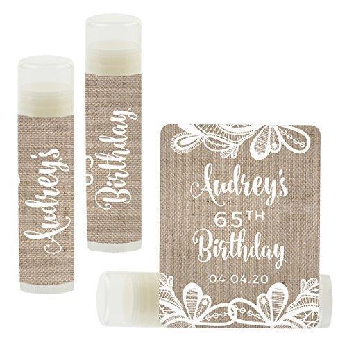 Personalized Milestone Birthday Party Lip Balm Party Favors, Custom Name and Date-Set of 12-Andaz Press-Burlap Lace-