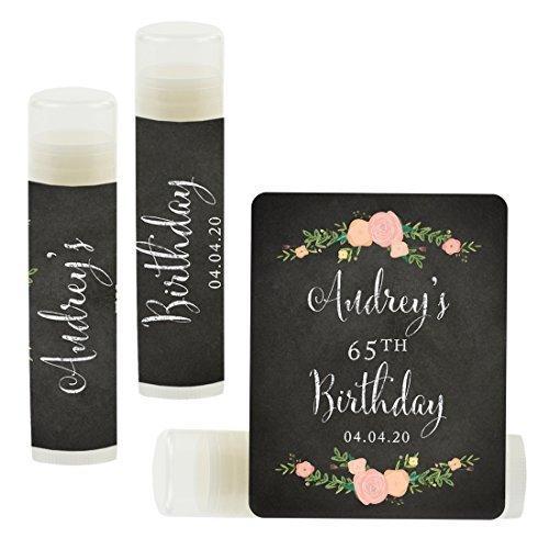 Personalized Milestone Birthday Party Lip Balm Party Favors, Custom Name and Date-Set of 12-Andaz Press-Chalkboard Floral Roses-
