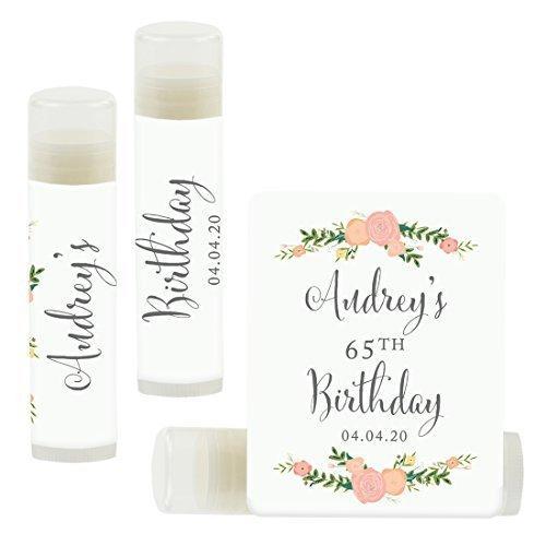 Personalized Milestone Birthday Party Lip Balm Party Favors, Custom Name and Date-Set of 12-Andaz Press-Classic Floral Roses-