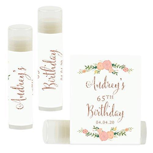 Personalized Milestone Birthday Party Lip Balm Party Favors, Custom Name and Date-Set of 12-Andaz Press-Faux Rose Gold Glitter Print with Florals-