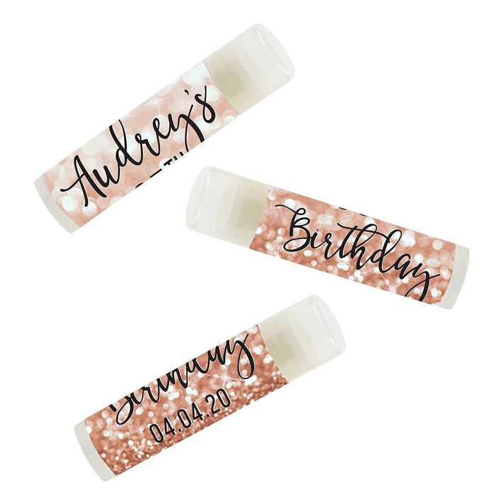 Personalized Milestone Birthday Party Lip Balm Party Favors, Custom Name and Date-Set of 12-Andaz Press-Faux Rose Gold Glitter Shimmer-