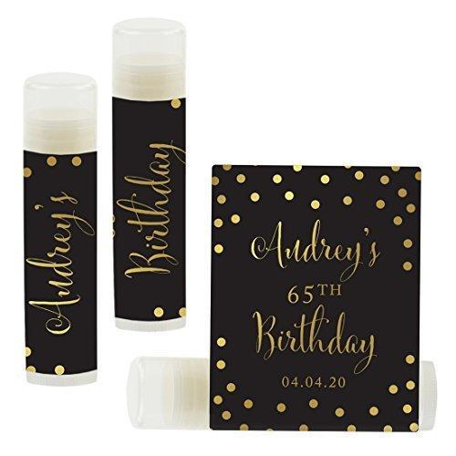 Personalized Milestone Birthday Party Lip Balm Party Favors, Custom Name and Date-Set of 12-Andaz Press-Metallic Gold Ink on Black-