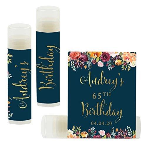 Personalized Milestone Birthday Party Lip Balm Party Favors, Custom Name and Date-Set of 12-Andaz Press-Metallic Gold Ink on Navy Blue with Burgundy Florals-