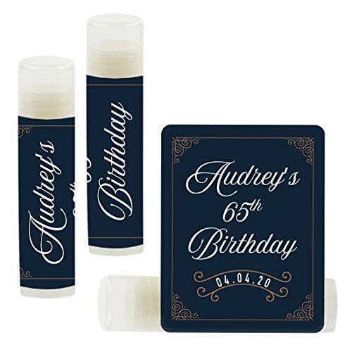 Personalized Milestone Birthday Party Lip Balm Party Favors, Custom Name and Date-Set of 12-Andaz Press-Navy Blue Art Deco Vintage Party-