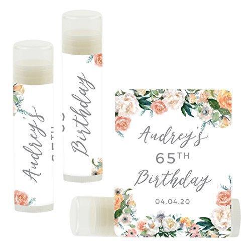 Personalized Milestone Birthday Party Lip Balm Party Favors, Custom Name and Date-Set of 12-Andaz Press-Peach Coral Floral Garden Party-