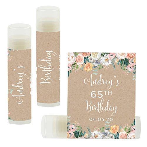 Personalized Milestone Birthday Party Lip Balm Party Favors, Custom Name and Date-Set of 12-Andaz Press-Peach Kraft Brown Rustic Floral Garden Party-