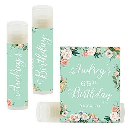 Personalized Milestone Birthday Party Lip Balm Party Favors, Custom Name and Date-Set of 12-Andaz Press-Peach Mint Green Floral Garden Party-