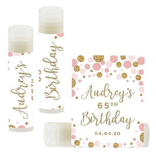 Personalized Milestone Birthday Party Lip Balm Party Favors, Custom Name and Date-Set of 12-Andaz Press-Pink Faux Gold Glitter Confetti Dots-