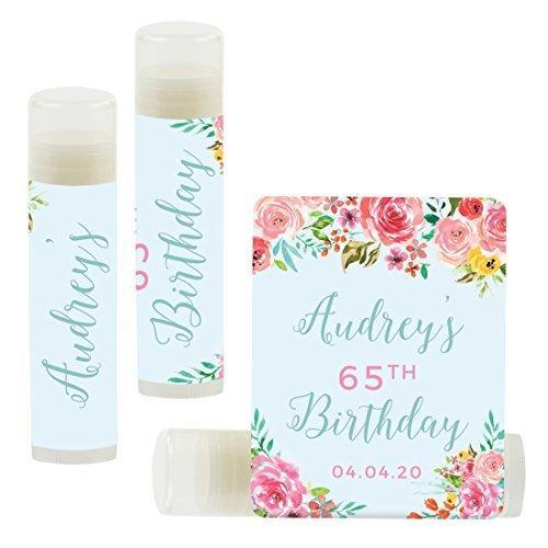 Personalized Milestone Birthday Party Lip Balm Party Favors, Custom Name and Date-Set of 12-Andaz Press-Pink Roses English Tea Party-