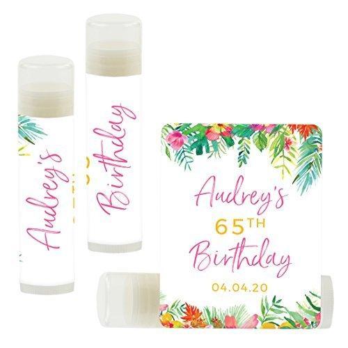 Personalized Milestone Birthday Party Lip Balm Party Favors, Custom Name and Date-Set of 12-Andaz Press-Tropical Floral Garden Party-