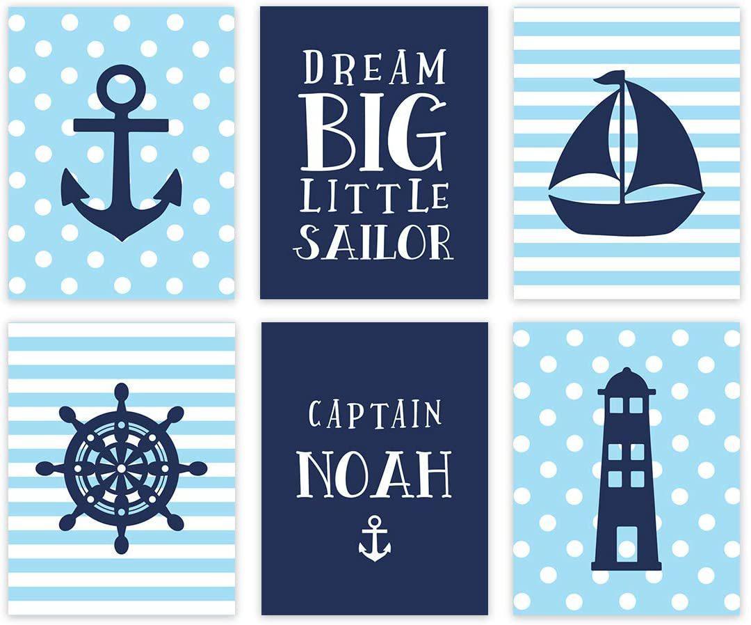 Personalized Nautical Theme Nursery Hanging Wall Art, Baby Blue Stripes Dots-Set of 6-Andaz Press-