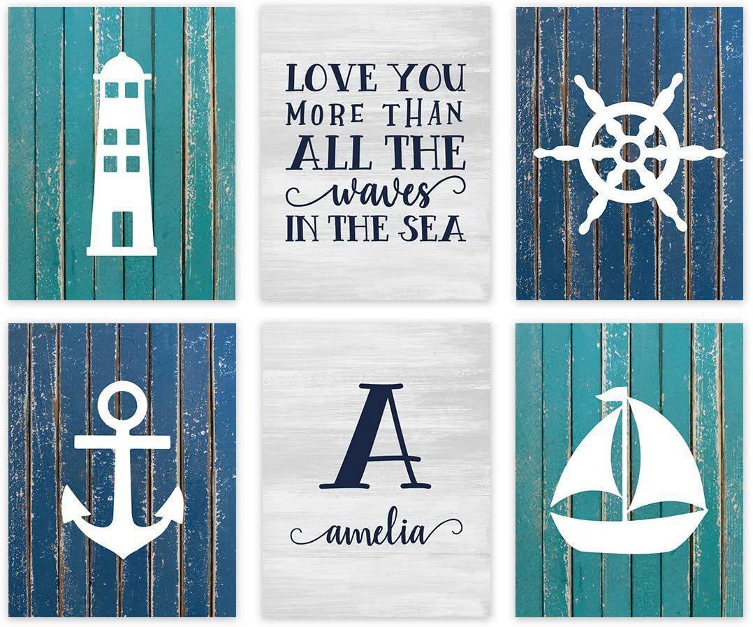 Personalized Nautical Theme Nursery Hanging Wall Art, Blue Aqua Rustic Wood-Set of 6-Andaz Press-