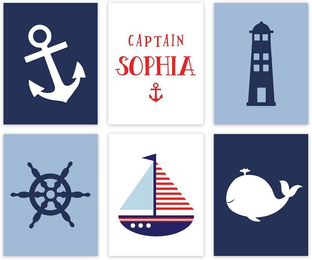 Personalized Nautical Theme Nursery Hanging Wall Art, Navy Blue Theme, Boat, Anchor, Lighthouse-Set of 6-Andaz Press-