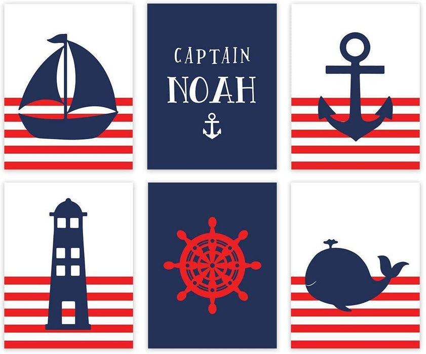 Personalized Nautical Theme Nursery Hanging Wall Art, Red Stripes, Boat, Anchor, Lighthouse-Set of 6-Andaz Press-