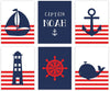 Personalized Nautical Theme Nursery Hanging Wall Art, Red Stripes, Boat, Anchor, Lighthouse-Set of 6-Andaz Press-