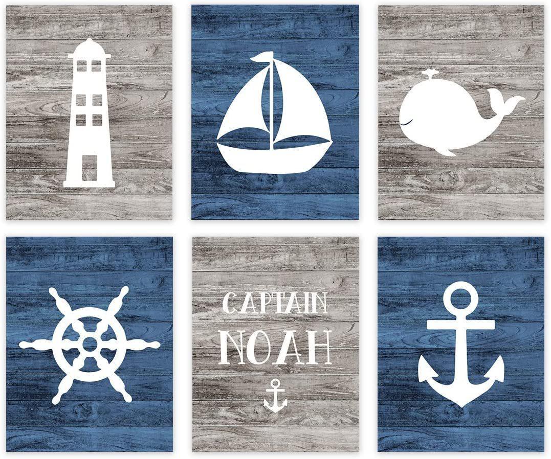 Koyal Wholesale Personalized Nautical Theme Nursery Hanging Wall Art, Rustic Distressed Blue Wood, Anchor, Size: 8.5, White