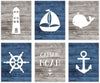 Personalized Nautical Theme Nursery Hanging Wall Art, Rustic Distressed Blue Wood, Anchor-Set of 6-Andaz Press-