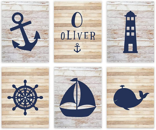 Personalized Nautical Theme Nursery Hanging Wall Art, Rustic Distressed Wood, Anchor-Set of 6-Andaz Press-