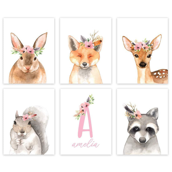 Personalized Nursery Girls Room Wall Art Poster Home Decor Gift, Rustic Forest Floral Roses Forest Animals Rabbit Fox Deer Raccoon-Set of 6-Andaz Press-