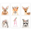 Personalized Nursery Girls Room Wall Art Poster Home Decor Gift, Rustic Forest Floral Roses Forest Animals Rabbit Fox Deer Raccoon-Set of 6-Andaz Press-