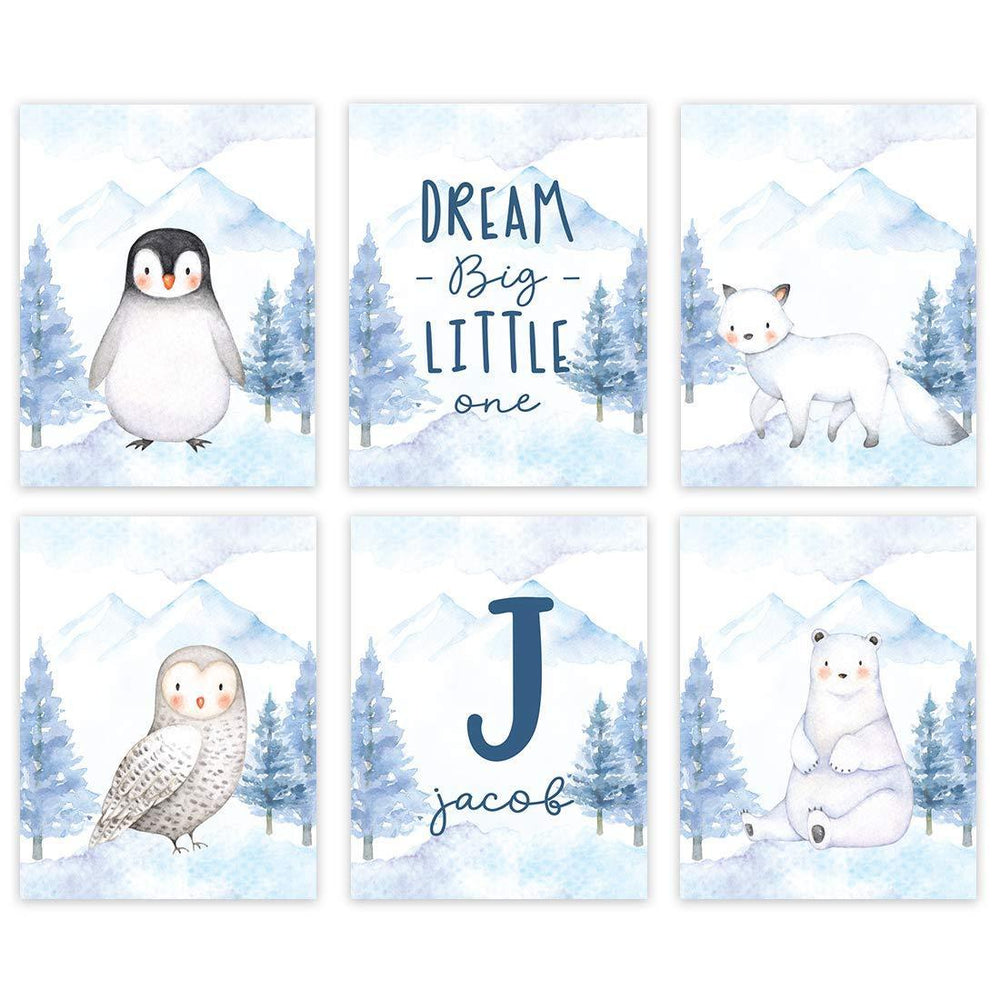Personalized Nursery Room Winter Wonderland Arctic Animals Wall Art Poster Home Decor Gift, Dream Big Little One, Penguin, Owl Name-Set of 6-Andaz Press-