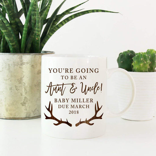 Personalized Pregnancy Announcement Coffee Mug, You're Going to be an Aunt and Uncle! Baby Due, Rustic Wood Deer Antlers-Set of 1-Andaz Press-