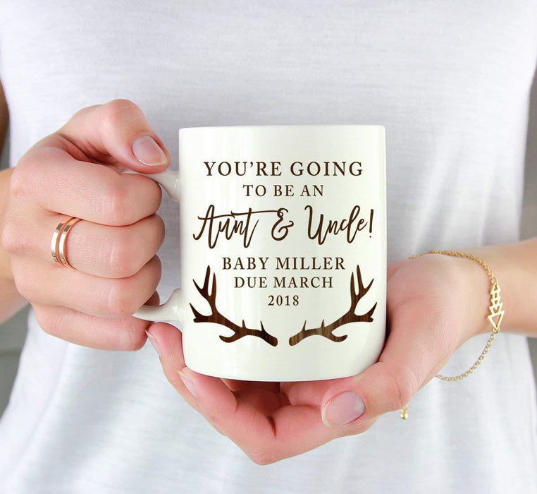 Personalized Pregnancy Announcement Coffee Mug, You're Going to be an Aunt and Uncle! Baby Due, Rustic Wood Deer Antlers-Set of 1-Andaz Press-