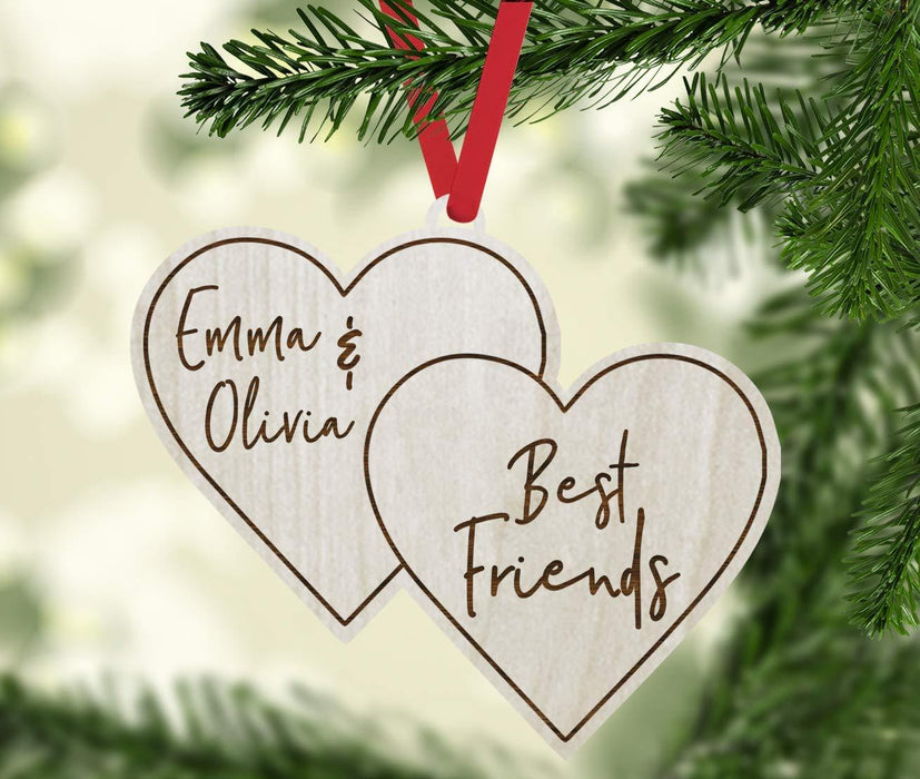Personalized Real Wood Rustic Christmas Ornament, Double Hearts, Best Friends, Names-Set of 1-Andaz Press-