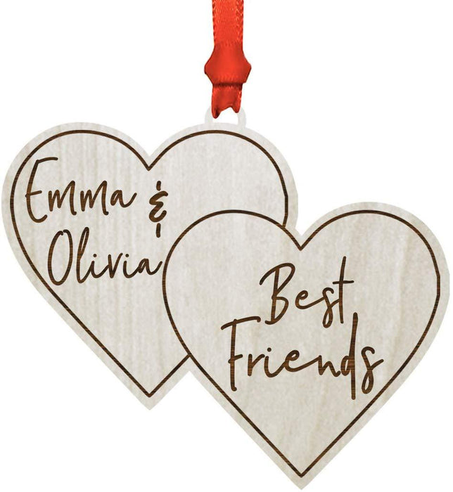 Personalized Real Wood Rustic Christmas Ornament, Double Hearts, Best Friends, Names-Set of 1-Andaz Press-