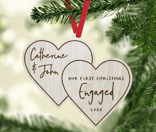 Personalized Real Wood Rustic Christmas Ornament, Double Hearts, Our First Christmas Engaged, Custom Year-Set of 1-Andaz Press-