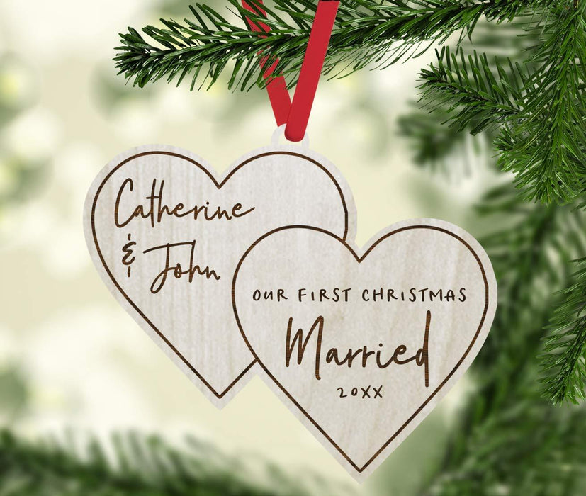 Personalized Real Wood Rustic Christmas Ornament, Double Hearts, Our First Christmas Married, Custom Year-Set of 1-Andaz Press-