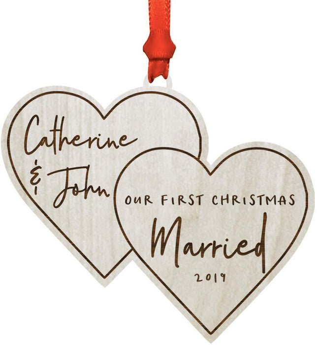 Personalized Real Wood Rustic Christmas Ornament, Double Hearts, Our First Christmas Married, Custom Year-Set of 1-Andaz Press-