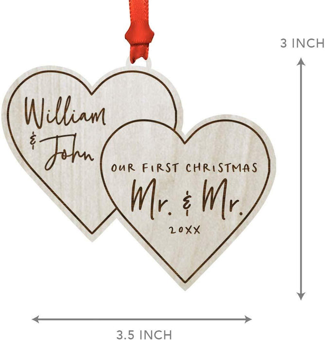 Personalized Real Wood Rustic Christmas Ornament, Double Hearts, Our First Christmas as Mr. and Mr., Custom Year-Set of 1-Andaz Press-