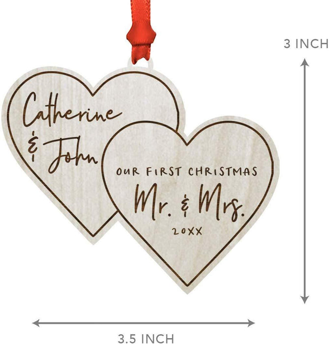 Personalized Real Wood Rustic Christmas Ornament, Double Hearts, Our First Christmas as Mr. and Mrs., Custom Year-Set of 1-Andaz Press-