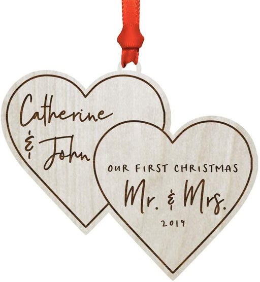 Personalized Real Wood Rustic Christmas Ornament, Double Hearts, Our First Christmas as Mr. and Mrs., Custom Year-Set of 1-Andaz Press-